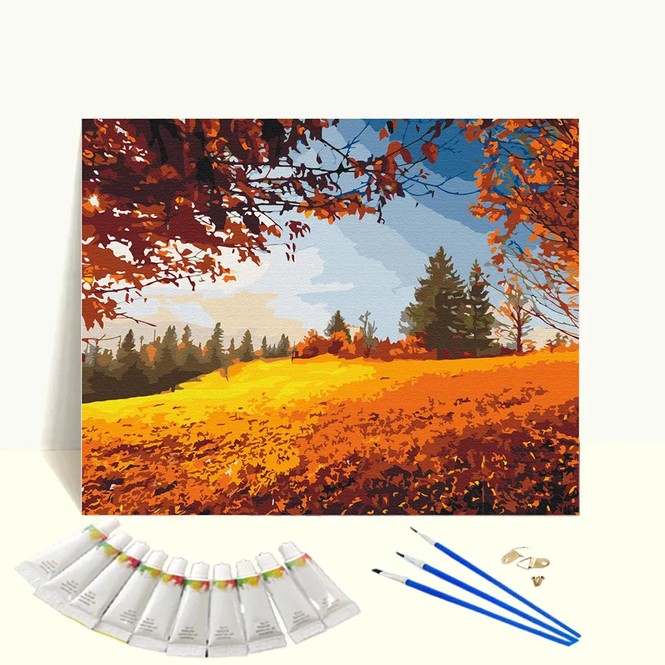 Golden Fields Painting By Number Kits On Canvas Red Leaves Autumn Landscape Acrylic Paint Framed Paint By Number For Home Decor