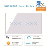 Interruptor de Pared Táctil Inteligente WiFi de 6 Canales, Panel de Vidrio con Control por Voz a través de la Aplicación Tuya Ewelink