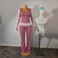 Set 2 Potong Pakaian Olahraga Wanita dengan Logo Kustom, Atasan Crop Ketat, Celana Yoga High Waist Model Flare, Warna Blok, Bahan Katun Spandex, untuk Musim Gugur, Fitness, dan Aktivitas