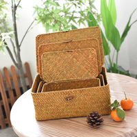 Boîte de rangement en jonc de mer naturel, écologique, style pastoral, pour vêtements de chambre, organisateur de cosmétiques de bureau, artisanat tissé à la main
