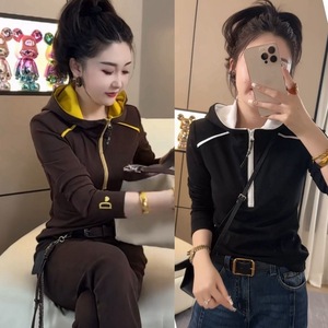 Hooded T-Shirt Color Blocking Half Zip Long Sleeve Top Women Autumn Winter Sweater Knitted Sweatshirt Brown Black - Product Image 1