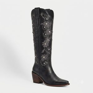 Stivali Alti da Donna WETKISS con Ricamo Floreale Personalizzato, Strass, Punta Affusolata, Stile Vintage, Neri, al Ginocchio, da Cowgirl - Product Image 1