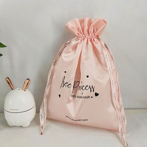 High Quality Pink Custom Logo <b>Drawstring</b> Ribbon Beauty Hair <b>Pouch</b> Gift Silk Satin Wig Bag - Product Image 3