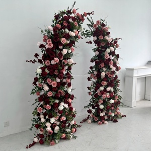 Arche demi-<span class=keywords><strong>lune</strong></span> en roses artificielles <span class=keywords><strong>bordeaux</strong></span> et rose poudré, réaliste, pour décoration florale de cérémonie de mariage, vente en gros directe usine - Product Image 4