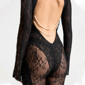 Combinaison dos nu en dentelle pour femme, taille haute, manches longues, transparente, pour soirée, avec chaîne de fausses perles, design sans couture - Product Image 4