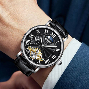 <span class=keywords><strong>Montre</strong></span> automatique pour <span class=keywords><strong>homme</strong></span> de style rétro, boîtier en acier inoxydable, verre, phase de lune, bracelet en cuir noir ajouré, résistant à l'eau - Product Image 6