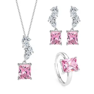 American Luxury Jewelry S925 Sterling Silver Pink Gemstone Three-Piece Set Square Zircon Ring Pendant Necklace Jewelry Set