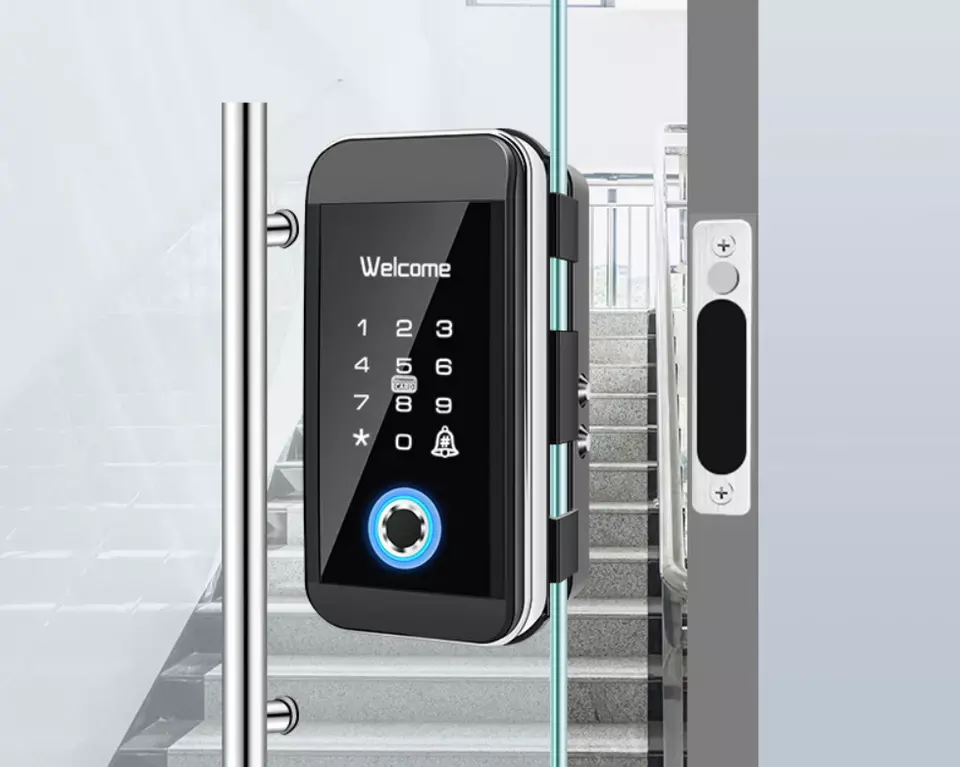 Tuya APP Smart Biometric Fingerprint Lock Frameless Sliding Glass Door Lock For Office