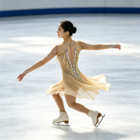 Robe de patinage artistique à manches longues Champagne avec franges et strass, dos ouvert, pour filles et femmes adultes