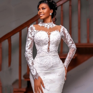 Robes <span class=keywords><strong>de</strong></span> mariée sirène personnalisées 2 en 1, col haut, manches longues pour femmes noires africaines, dentelle illusion manches, robes <span class=keywords><strong>de</strong></span> mariée - Product Image 2