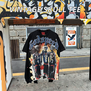 เสื้อยืดสตรีทแวร์หรูหราสำหรับผู้ชาย ผ้าฝ้าย 100% ถักแบบเรียบ ดีไซน์วินเทจลายหัวกะโหลก ล้างสีแบบแอซิด สไตล์ไฮสตรีท - Product Image 2