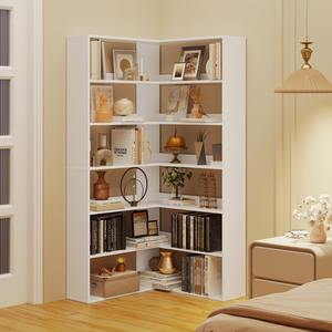 Étagère à livres en bois autoportante à 6 niveaux, blanche personnalisée, en forme <span class=keywords><strong>de</strong></span> L, avec <span class=keywords><strong>garde</strong></span>-corps pour la maison - Product Image 5