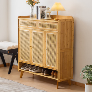 Nordic Style Rattan <b>Shoe</b> Cabinet With Drawers Natural Wood Color Large Capacity Entryway <b>Storage</b> Shelf For Living Room Entrance - Product Image 3