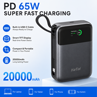 Batterie externe portable 2-en-1 personnalisée haute capacité 20000 mAh avec charge rapide PD 65W, câble USB-C intégré et écran couleur TFT pour ordinateur portable
