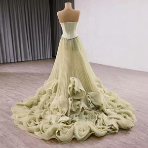 Robe de soirée élégante verte sans bretelles avec fleurs 3D, longueur ras du sol, pour mariage, bal de promo, anti-statique, pour invitées Rsm251011 - Product Image 4