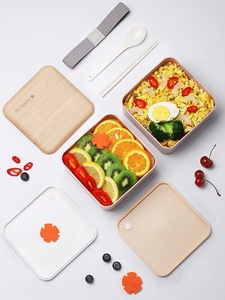 Wooden Square Japanese with Band Bento <strong>Lunch</strong> <strong>Box</strong> 2 in 1 Leakproof <strong>Stackable</strong> <strong>Lunch</strong> <strong>Box</strong> With Cutlery - Product Image 3
