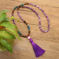 Collier de perles Mala 108 faites à la main en améthyste naturelle avec pendentif en alliage, ensemble collier et bracelet Chakra pour la prière, la méditation et le yoga