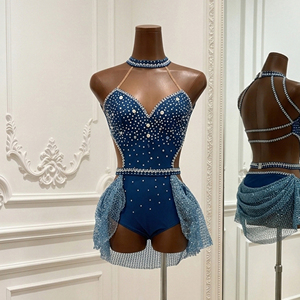 Justaucorps de danse moderne bleu profond orné de strass, col licou, pour femme, robe de danse jazz, costume de scène pour performance de danse de salon - Product Image 3