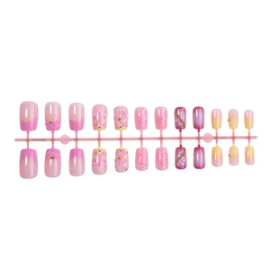 24 Uñas Postizas Acrílicas con Diseño Degradado de Flor de Cerezo, Estilo Francés a Rayas, Cortas y Cuadradas, Estilo Dulce - Product Image 3