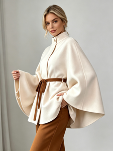 Ensemble deux pièces mode pour femme, col montant, manches chauve-souris, manteau cape et pantalon large, direct usine, service personnalisé - Product Image 2