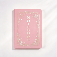 Buku Catatan Kulit PU Pink A5 Kustom, Jurnal Bingkai Bunga Mawar Foil Emas Elegan, Hadiah