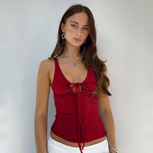 <b>Women</b> Hollow Texture Drawstring Bow Cami <b>Top</b> Slim Fit Sleeveless <b>Vest</b> V Neck Tie Front Solid Color Fashion <b>Top</b> - Product Image 2