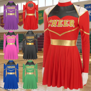 Robe d'uniforme de cheerleading avec bordure dorée, logo de cheerleading imprimé sur le devant, style jupe pour adulte, en Spandex/Polyester, imprimé par transfert thermique, rouge et violet - Product Image 2