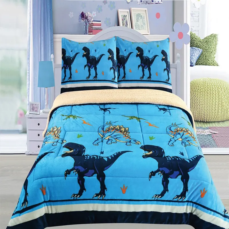 2 Piece Cartoon Dinosaur Custom Twin Reversible Kids Bed Comforter Sherpa Borrego Blanket Sets