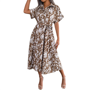 Abito chemisier da donna Primavera Estate 2026 con stampa leopardata, colletto a revers, maniche corte, cintura in vita, vestibilità ampia, lunghezza midi - Product Image 5