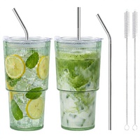 Gobelets en plastique à nervures avec couvercles et pailles, verts, réutilisables, incassables, design vintage, pour voiture, tasses à café glacé, brosse de nettoyage