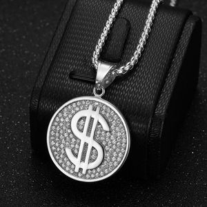 Collier pendentif dollar en acier inoxydable incrusté de diamants pour homme, bijoux hip-hop, usage quotidien, coupe brillante ronde, géométrique - Product Image 3