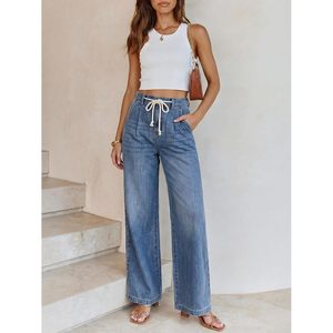 Anrabess Jeans de pierna ancha para mujer, pantalones vaqueros de cintura alta con cordón, ajuste informal y relajado con bolsillos - Product Image 5