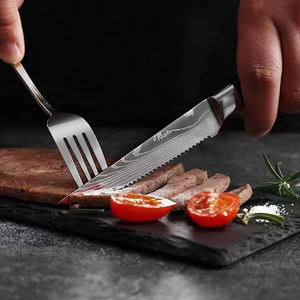 KITCHENCARE, venta al por mayor, patrón de Damasco, cuchillo de cocina Beaf, <span class=keywords><strong>4</strong></span> Uds., juego de cuchillos para carne con mango de resina roja - Product Image 3