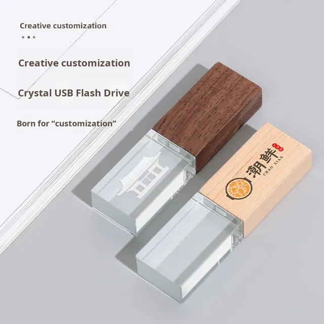 Cross-border Wooden Crystal Light-emitting USB Flash Drive 32G Large Capacity High-speed Business School Enterprise Wedding