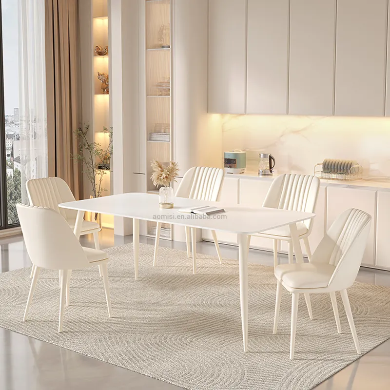 Aomisi Casa Italianate Elegant Design Puur Witte Crèmestijl Rotsplaat Van Topkwaliteit Koolstofstalen Poten Vrije Tijd Eettafel