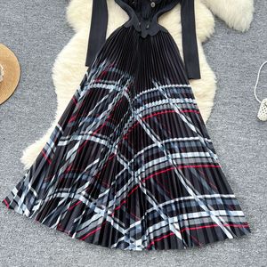 Robes élégantes de luxe léger pour femmes, à revers, double boutonnage, cintrées, à manches longues, imprimées, plissées, avec empiècements, tendance - Product Image 5