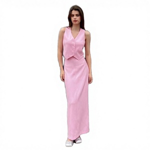 Pink Sleeveless V-Neck Blazer Top With Full Length Skirt <b>Set</b> Women Elegant Spring Summer Solid Color Satin Two Piece Outfit - Product Image 3
