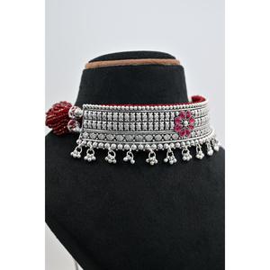 Manish Jewellers MJCS004 Ethnic Silver Plated Choker <b>Necklace</b> <b>Pink</b> Amethyst Flower Design Women's Vintage Wedding Style Beaded - Product Image 2