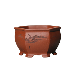 Zisha Hexagonal Bonsai <b>Pot</b> Zhuni Dahongpao <b>Small</b> With Mountain Carving For Indoor <b>Plants</b> - Product Image 5