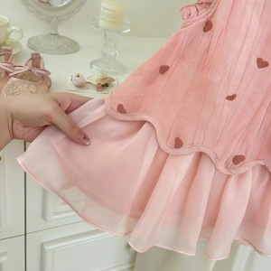 Girls Sleeveless Vest Dress Pink Heart Print Breathable <b>Princess</b> Style Summer Outfit With <b>Bag</b> Included - Product Image 3