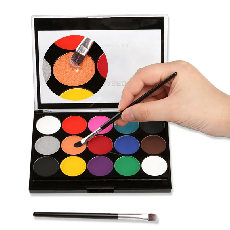 15 cores Rosto À Base de Água Pintura Corporal Pintura Set Kit Paleta de Maquiagem com 2Pcs Pincéis Artista Não-tóxico para o Dia Das Bruxas Cosplay