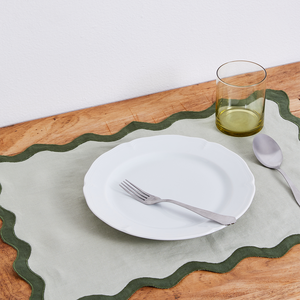 <b>Large</b> Scalloped Embroidered Cotton Linen Placemats Featuring Curved Two Tone Outline for Wedding Planners in Formal Dining - Product Image 1