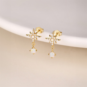 925 Sterling Silver 18K Gold Plated Four Leaf Clover <b>Opal</b> <b>Stud</b> <b>Earrings</b> with Dangling Tassel for Women - Product Image 3