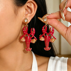 Lobster Shape Drop <b>Earrings</b> Red Crystal Geometric Animal Design Party Fashion Jewelry Stainless Steel Ear <b>Post</b> - Product Image 4