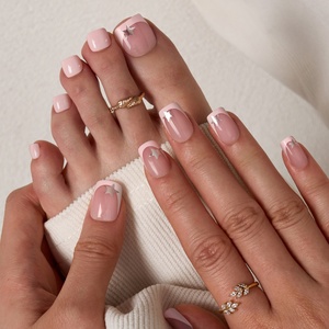 Spring Summer False Fake <b>Nails</b> Wholesale Short Square Handmade Soft Gel Pink French Press on <b>Nails</b> Matching Finger and Toe <b>Set</b> - Product Image 1