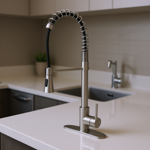 Grifo de Cocina Moderno de un Solo Grifo, Acabado Níquel Cepillado, Diseño de Arco Alto con Resorte, Extraíble, Uso Comercial - Product Image 2