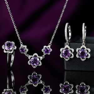 Bộ trang sức Grace Jewel cao cấp, chất lượng cao, bạc <span class=keywords><strong>925</strong></span> nguyên chất, đá tự nhiên Amethyst, gồm vòng cổ, khuyên tai và nhẫn, thích hợp làm quà cưới & quà tặng - Product Image 1