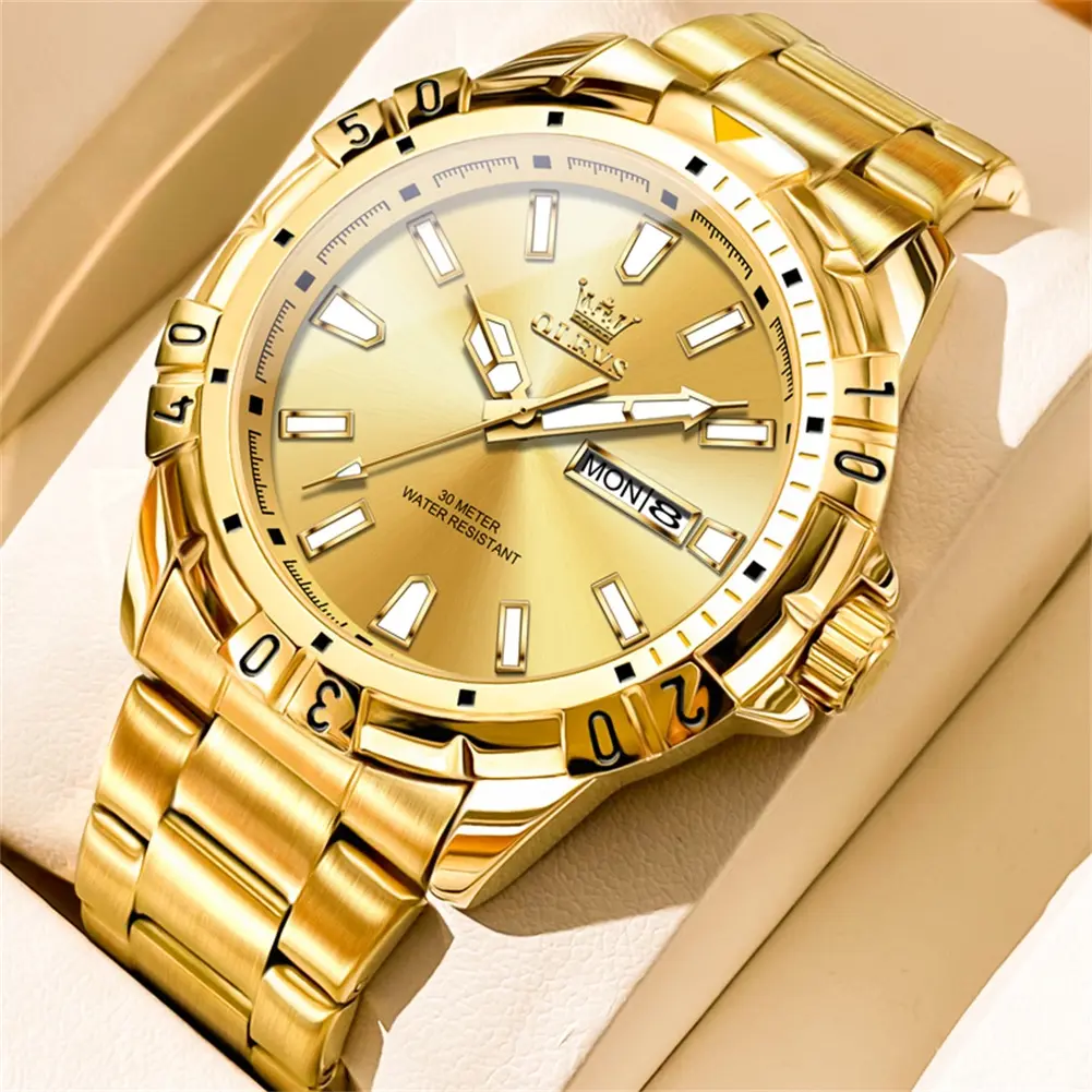 OLEVS5560 OEM reloj personalizado Venta caliente oro luminoso impermeable moda deportes Acero inoxidable reloj de cuarzo para hombre