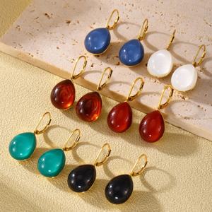 Luxury Women's Stainless Steel <b>Teardrop</b> Gemstone Dangle <b>Earrings</b> Classic Style Colorful Natural Stone <b>Studs</b> - Product Image 3