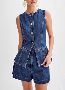 Denim 2 Pieces Outfits Summer Casual Sleeveless Women High Waist Denim Two Piece Shorts Sets For Women - Product Image 2